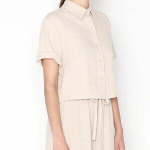 7115 by Szeki Cropped Short Sleeved Woven Button Down - Oatmeal